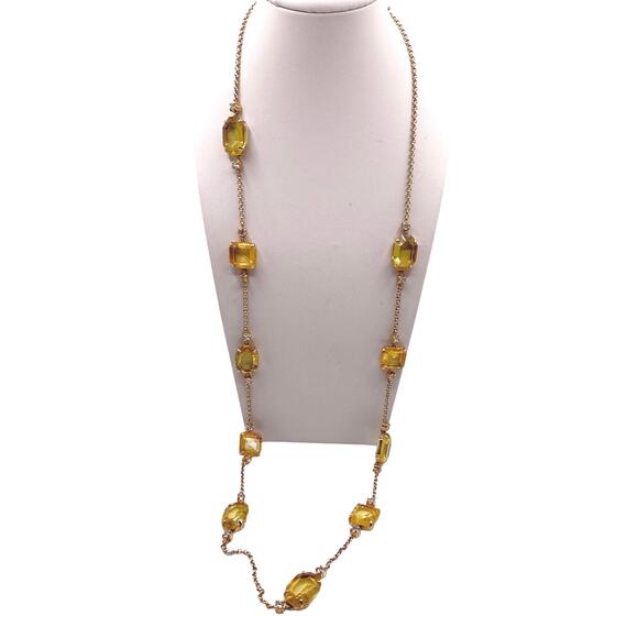 Vntg Ann Taylor Extra Large Necklace with Yellow Square Faceted Glass Stones 30” - Picture 2 of 8